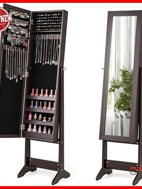 Full Length Mirror Jewelry Armoire with Adjustable Tilt Frame